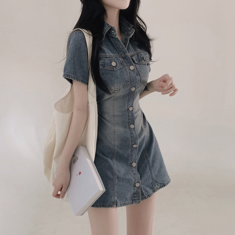ミニワンピース デニムウォッシングリボンミニワンピース DEEP DENIM