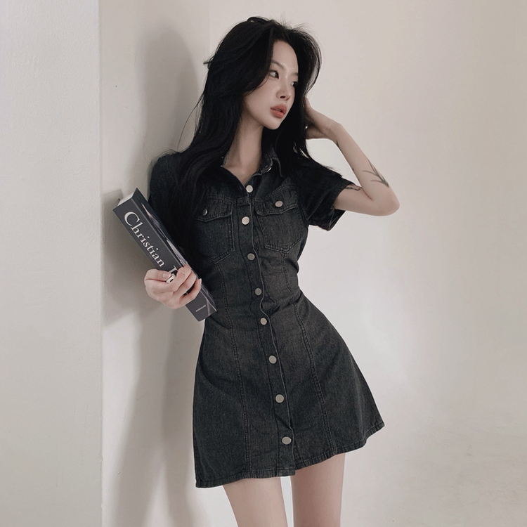 ミニワンピース デニムウォッシングリボンミニワンピース BLACK DENIM