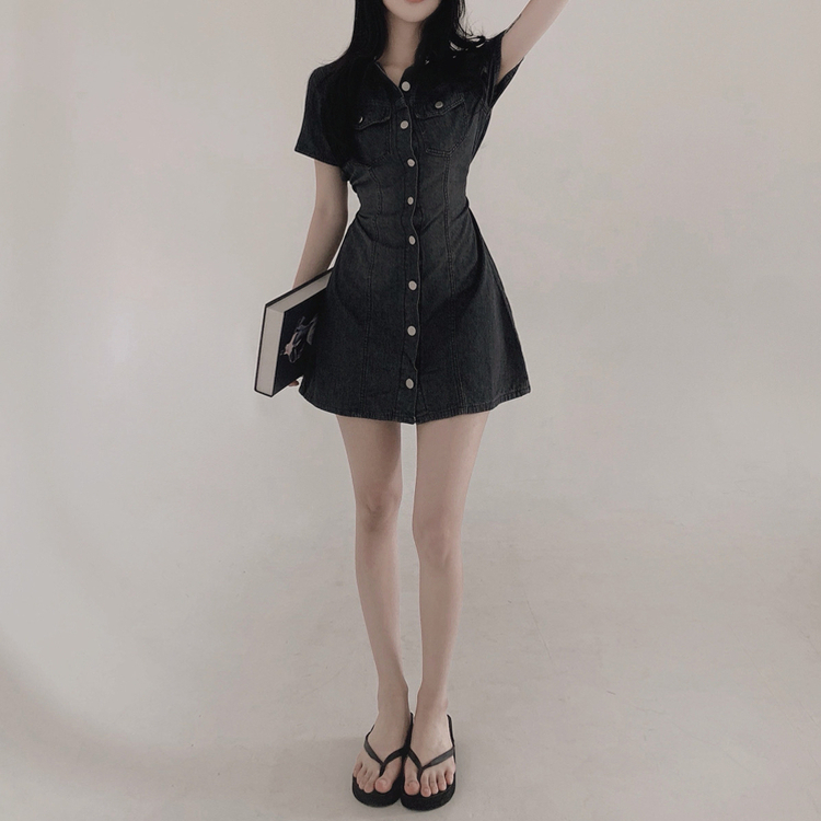 ミニワンピース デニムウォッシングリボンミニワンピース BLACK DENIM