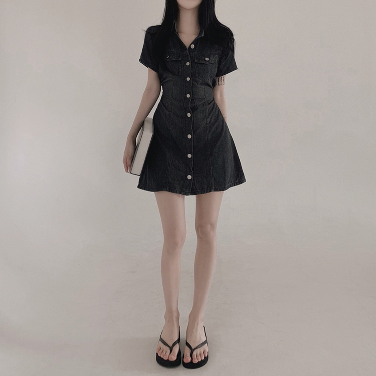 ミニワンピース デニムウォッシングリボンミニワンピース BLACK DENIM