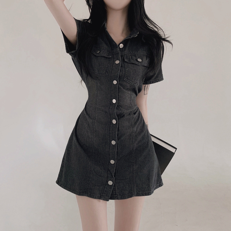 ミニワンピース デニムウォッシングリボンミニワンピース BLACK DENIM