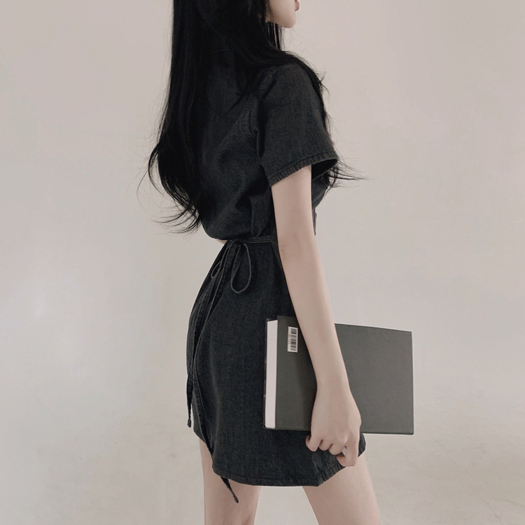 ミニワンピース デニムウォッシングリボンミニワンピース BLACK DENIM