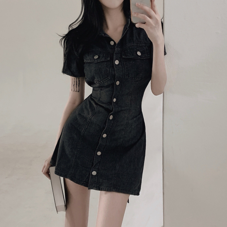 ミニワンピース デニムウォッシングリボンミニワンピース BLACK DENIM