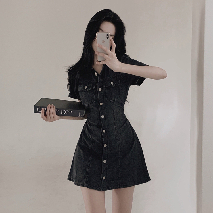 ミニワンピース デニムウォッシングリボンミニワンピース BLACK DENIM