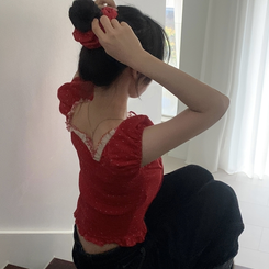 ブラウス 【シュシュ付き】ドットリボンクロップ半袖ブラウス RED
