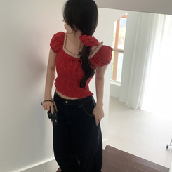 ブラウス 【シュシュ付き】ドットリボンクロップ半袖ブラウス RED
