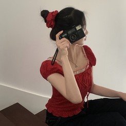 ブラウス 【シュシュ付き】ドットリボンクロップ半袖ブラウス RED