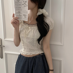 ブラウス 【シュシュ付き】ドットリボンクロップ半袖ブラウス CREAM IVORY