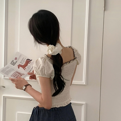 ブラウス 【シュシュ付き】ドットリボンクロップ半袖ブラウス CREAM IVORY