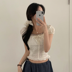 ブラウス 【シュシュ付き】ドットリボンクロップ半袖ブラウス CREAM IVORY