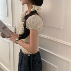 ブラウス 【シュシュ付き】ドットリボンクロップ半袖ブラウス CREAM IVORY