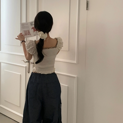 ブラウス 【シュシュ付き】ドットリボンクロップ半袖ブラウス CREAM IVORY