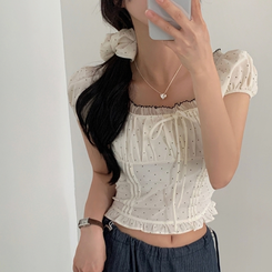 ブラウス 【シュシュ付き】ドットリボンクロップ半袖ブラウス CREAM IVORY