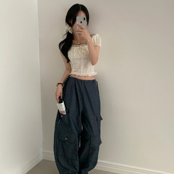 ブラウス 【シュシュ付き】ドットリボンクロップ半袖ブラウス CREAM IVORY