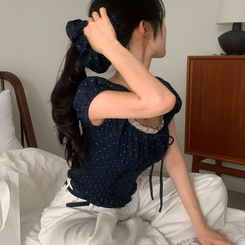 ブラウス 【シュシュ付き】ドットリボンクロップ半袖ブラウス NAVY