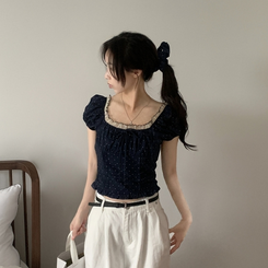 ブラウス 【シュシュ付き】ドットリボンクロップ半袖ブラウス NAVY