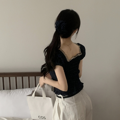 ブラウス 【シュシュ付き】ドットリボンクロップ半袖ブラウス NAVY