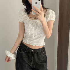 ブラウス 【シュシュ付き】ドットリボンクロップ半袖ブラウス WHITE