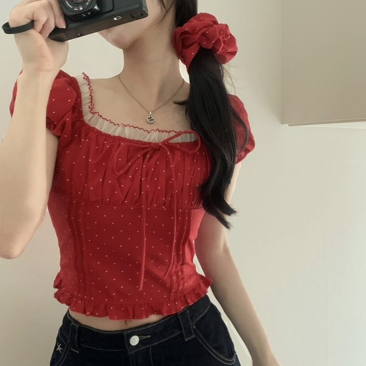 【シュシュ付き】ドットリボンクロップ半袖ブラウス RED