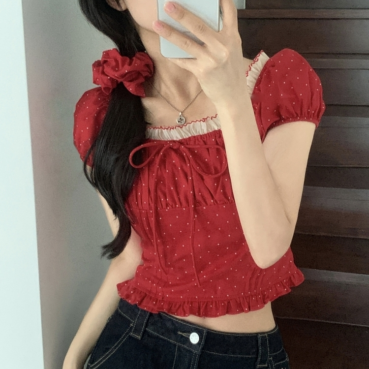 【シュシュ付き】ドットリボンクロップ半袖ブラウス RED