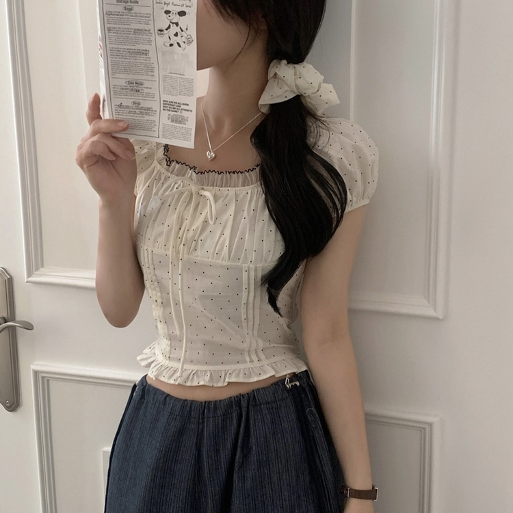 【シュシュ付き】ドットリボンクロップ半袖ブラウス CREAM IVORY