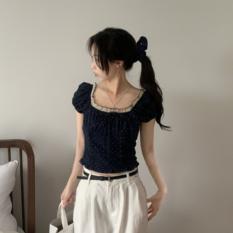 【シュシュ付き】ドットリボンクロップ半袖ブラウス NAVY