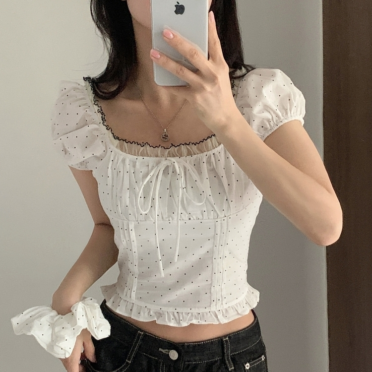 【シュシュ付き】ドットリボンクロップ半袖ブラウス WHITE