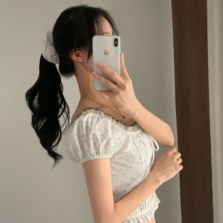 【シュシュ付き】ドットリボンクロップ半袖ブラウス WHITE