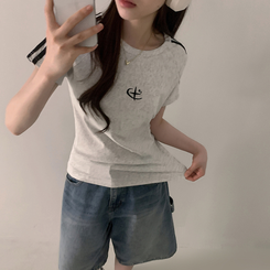 半袖Tシャツ ラインロゴ刺繍半袖Tシャツ MELANGE WHITE