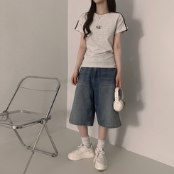 半袖Tシャツ ラインロゴ刺繍半袖Tシャツ MELANGE WHITE