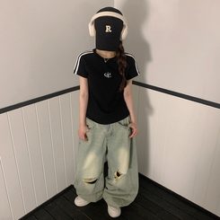 半袖Tシャツ ラインロゴ刺繍半袖Tシャツ BLACK