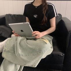半袖Tシャツ ラインロゴ刺繍半袖Tシャツ BLACK