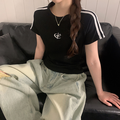 半袖Tシャツ ラインロゴ刺繍半袖Tシャツ BLACK