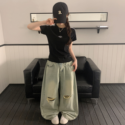 半袖Tシャツ ラインロゴ刺繍半袖Tシャツ BLACK