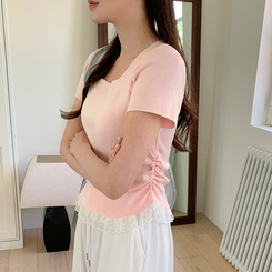 ニット (裾レース初心者向け/完璧フィット)アンコ裾レースシャーリング半袖ニット PINK