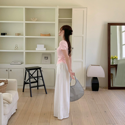 ニット (裾レース初心者向け/完璧フィット)アンコ裾レースシャーリング半袖ニット PINK