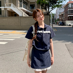 ジャンパー (軽くて涼しいセットアイテム*.*/生活防水可能/活用度アップ)リベラレースシャカシャカ半袖ジップアップバックゴムミニスカートセットアップ NAVY