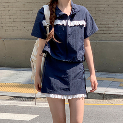 ジャンパー (軽くて涼しいセットアイテム*.*/生活防水可能/活用度アップ)リベラレースシャカシャカ半袖ジップアップバックゴムミニスカートセットアップ NAVY