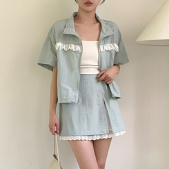 ジャンパー (軽くて涼しいセットアイテム*.*/生活防水可能/活用度アップ)リベラレースシャカシャカ半袖ジップアップバックゴムミニスカートセットアップ SKYBLUE