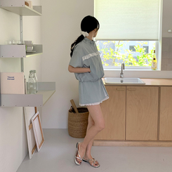 ジャンパー (軽くて涼しいセットアイテム*.*/生活防水可能/活用度アップ)リベラレースシャカシャカ半袖ジップアップバックゴムミニスカートセットアップ SKYBLUE