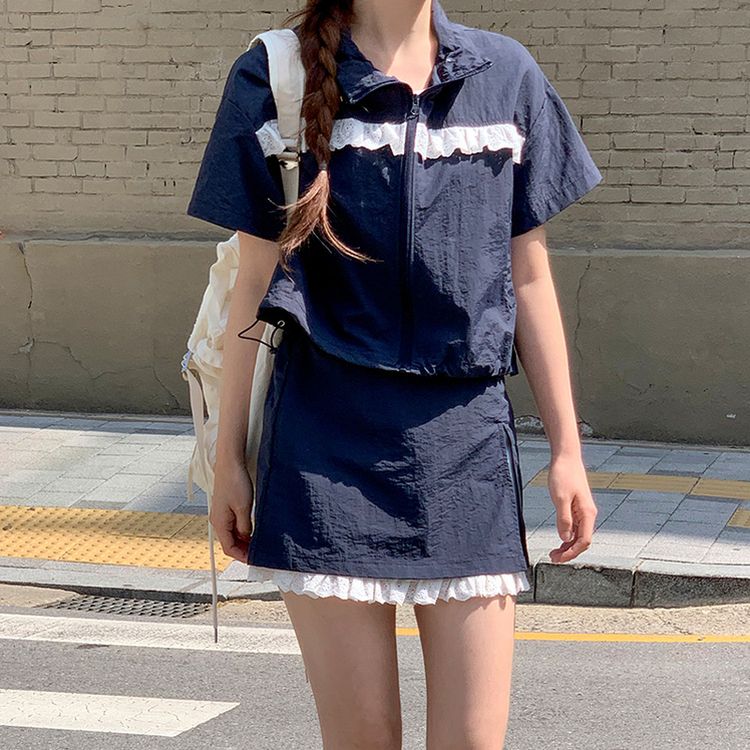 （軽くて涼しいセットアイテム*.*/生活防水可能/活用度アップ）リベラレースシャカシャカ半袖ジップアップバックゴムミニスカートセットアップ NAVY