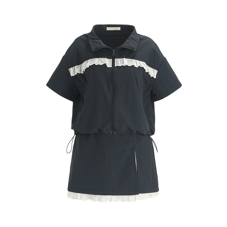 （軽くて涼しいセットアイテム*.*/生活防水可能/活用度アップ）リベラレースシャカシャカ半袖ジップアップバックゴムミニスカートセットアップ
