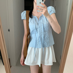ブラウス シャーリング半袖ブラウス SKY BLUE