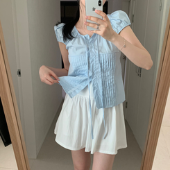 ブラウス シャーリング半袖ブラウス SKY BLUE