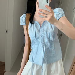 ブラウス シャーリング半袖ブラウス SKY BLUE