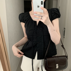 ブラウス シャーリング半袖ブラウス BLACK