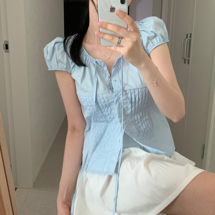 シャーリング半袖ブラウス SKY BLUE