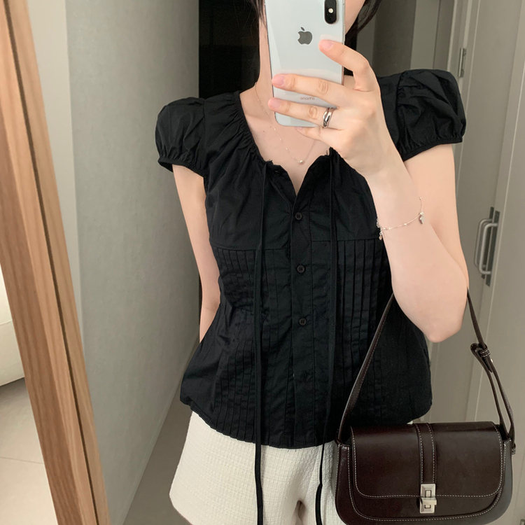 シャーリング半袖ブラウス BLACK