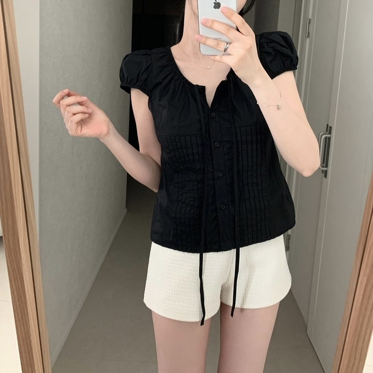 シャーリング半袖ブラウス BLACK