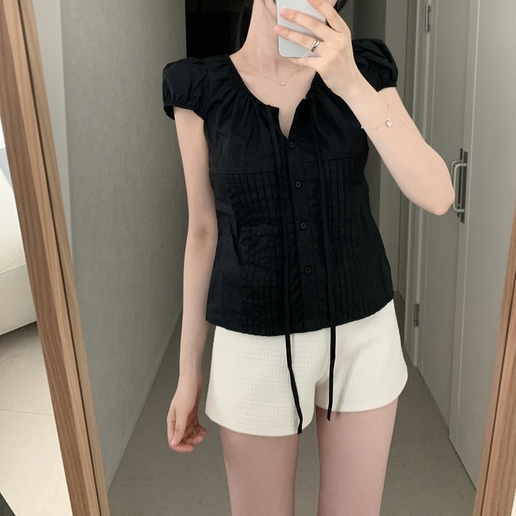 シャーリング半袖ブラウス BLACK